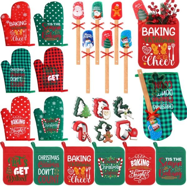 24 Pcs Christmas Baking Gift Set Christmas Pot Holders Oven Mitts Silicone Spatulas Baking Cookie Cutters Cooking Pocket Potholders Christmas Pot Holders Gift Set for Christmas Kitchen Gifts - Image 2