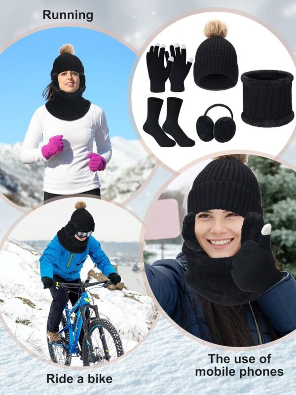 5 Pcs Women Winter Warm Hat and Gloves Scarf Set Knitted Beanie Ski Outing Pompom Hat Winter Ear Warmer Ski Earmuffs Stocking - Image 6