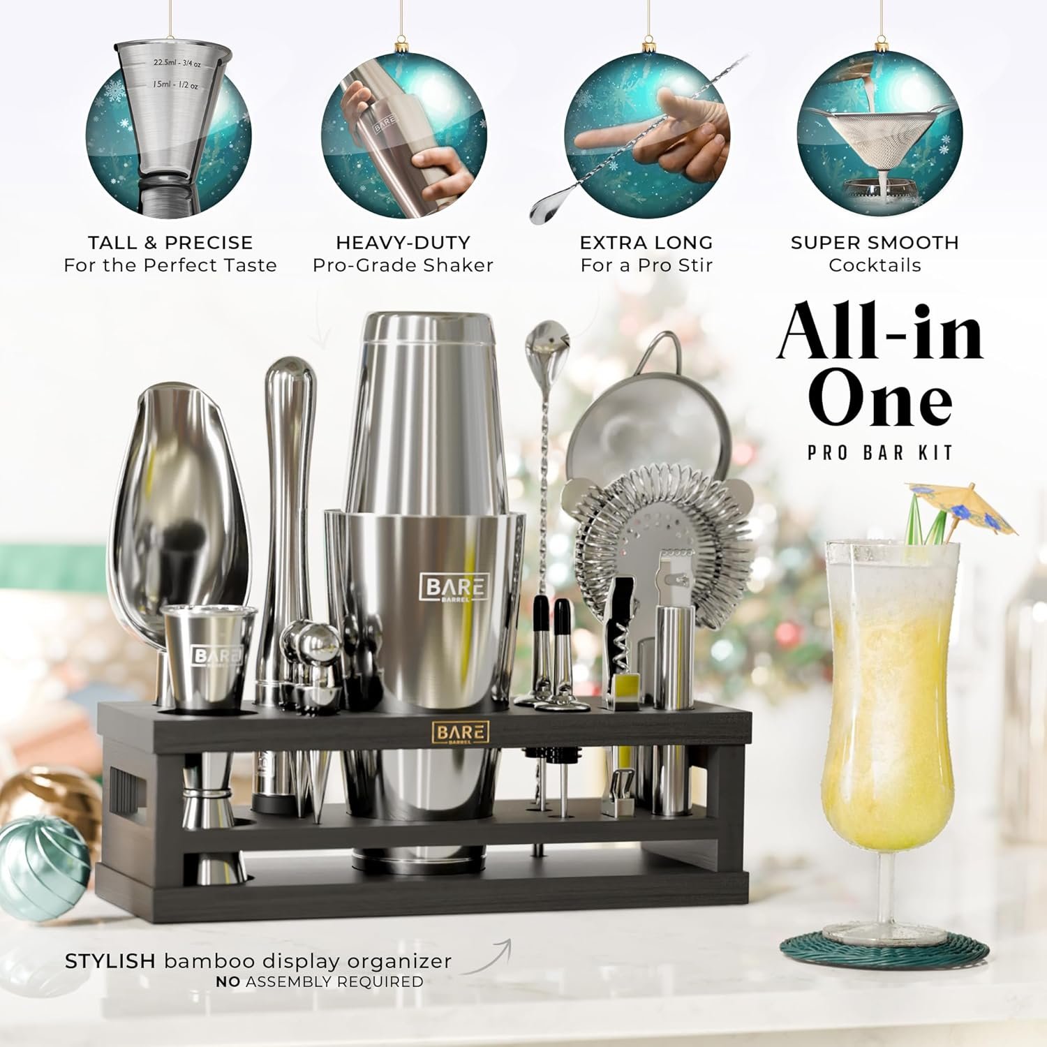 BARE BARREL® Mixology Bartender Kit Bar Set | 16-Piece Cocktail Shaker Set | Martini Barware Mixing Tools for Home Bartending | Incl. 35 Recipe Cards | Gift Set (28oz Boston Shaker, Silver/Black) - Image 3