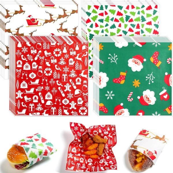 Spakon 400 Sheet Christmas Wax Paper for Food Wrapping 12 x 12 Inch 4 Styles Xmas Deli Paper Xmas Burgers Sandwich Wrap Print Deli Paper Basket Liners for Home Baking Gift Holiday Party Supplies - Image 2