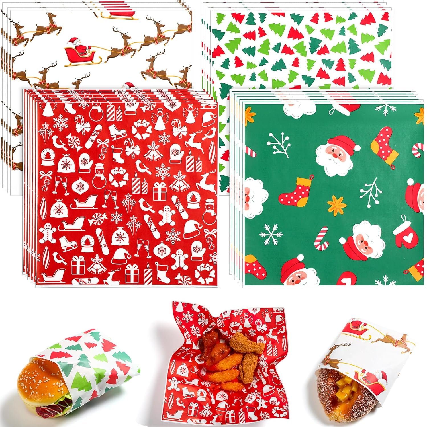 Spakon 400 Sheet Christmas Wax Paper for Food Wrapping 12 x 12 Inch 4 Styles Xmas Deli Paper Xmas Burgers Sandwich Wrap Print Deli Paper Basket Liners for Home Baking Gift Holiday Party Supplies - Image 2