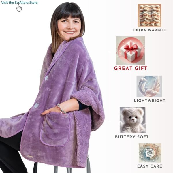 Premium Double Layer Wearable Blanket for Women -No Sleeves- Shawl Wrap with Pockets- Mothers Day Gifts - Grandma Gifts (Velvet Lavender) - Image 7
