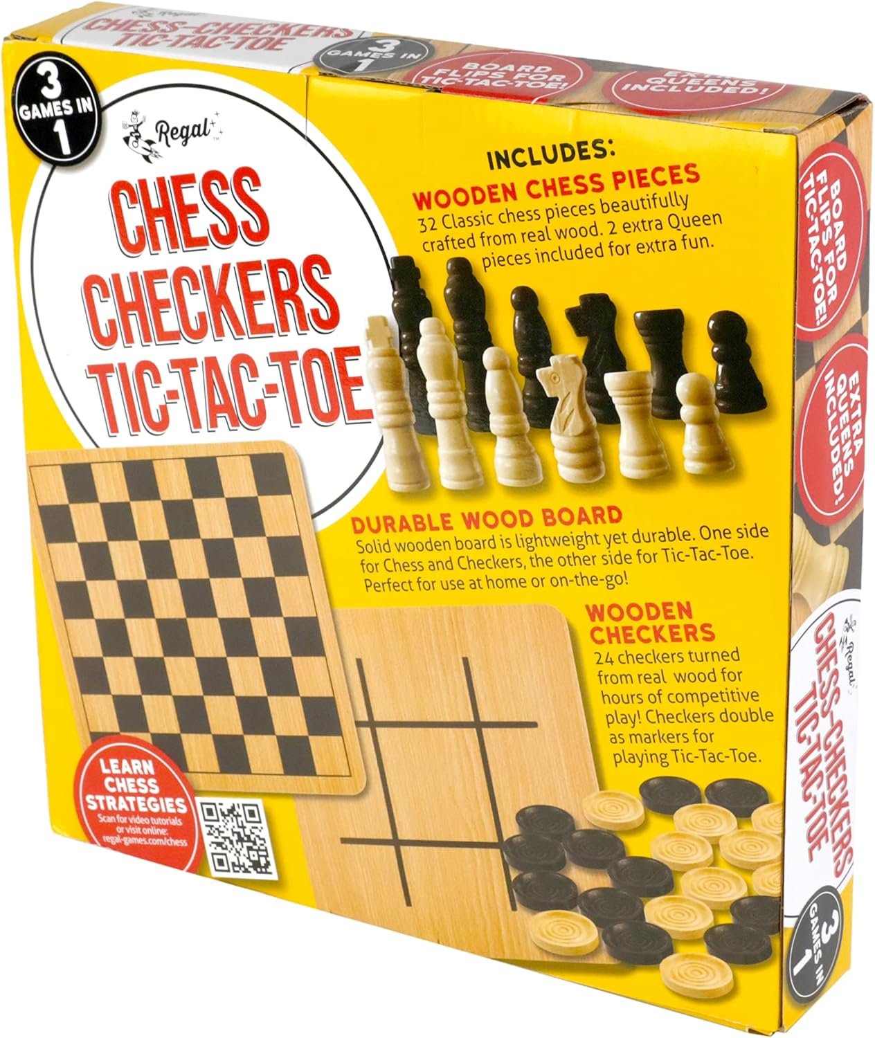 Regal Games - Reversible Wooden Board for Chess, Checkers & Tic-Tac-Toe - 24 Interlocking Wooden Checkers and 32 Standard Chess Pieces - for Age 8 to Adult for Family Fun - Image 9