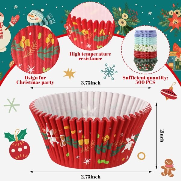 Frienda 500 Pcs Christmas Jumbo Cupcake Liners 3.75 Inch Christmas Cupcake Papers Baking Cup Jumbo Muffin Liners Large Cupcake Wrapper for Holiday Chocolate Cake Making Supplies, 5 Style(Mixed Style) - Image 3