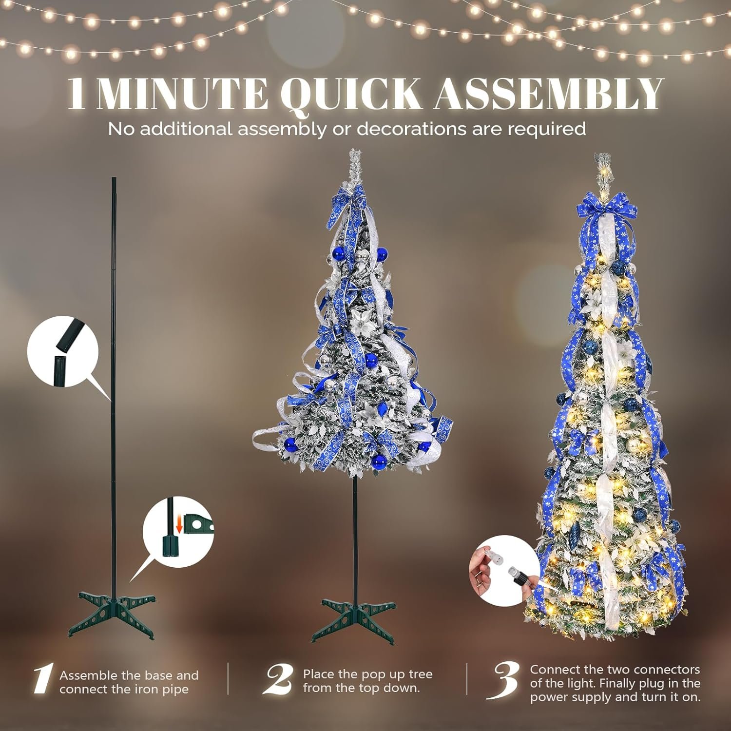 VINGLI 6ft Pre Lit Pop Up Christmas Tree with 150 Lights, Fully Decorated Flocked Pencil Christmas Tree Pre Lit Collapsible Christmas Tree Holiday Party Decorations (Blue&Silver) - Image 5