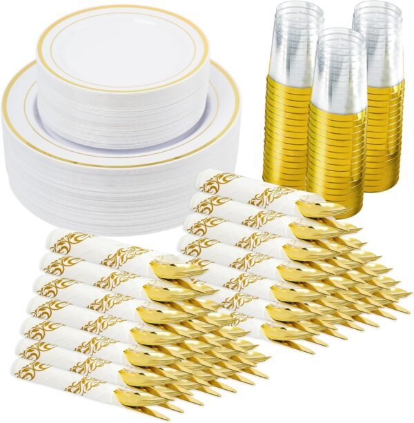 350 Pieces Gold Disposable Plates for 50 Guests, Disposable Plastic Plates for Party, Wedding, Dinnerware Set of 50 Dinner Plates, 50 Salad Plates,50 Cups and 50 Paper Napkins, Gold - Image 2