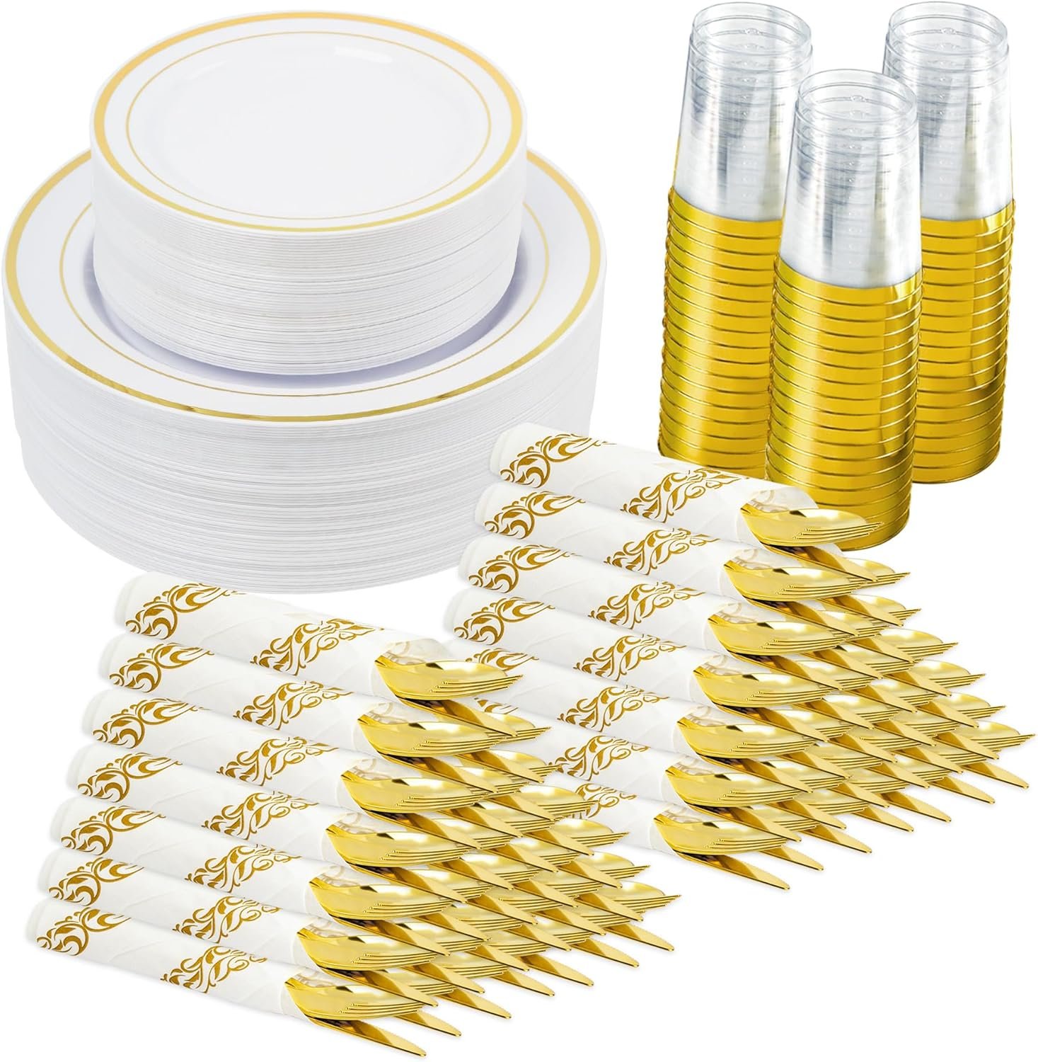 350 Pieces Gold Disposable Plates for 50 Guests, Disposable Plastic Plates for Party, Wedding, Dinnerware Set of 50 Dinner Plates, 50 Salad Plates,50 Cups and 50 Paper Napkins, Gold - Image 2