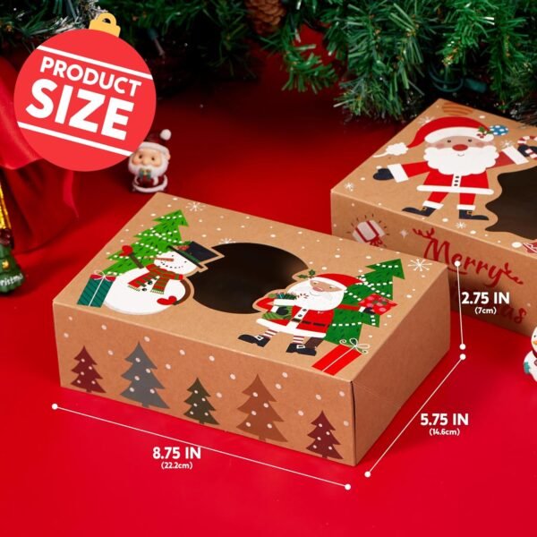 JOYIN 24PCS Christmas Cookie Boxes for Gift Giving, 8.5" x 5.75" x 2.75" Xmas Holiday Treats Cookie Tins with Window, 6 Designs Brown Kraft Bakery Boxes for Pastries, Cupcakes, Brownies, Doughnut - Image 6