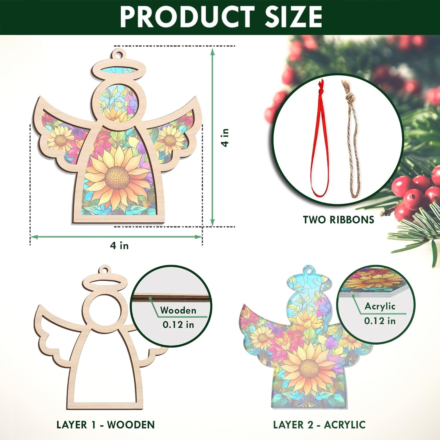 Angel Sunflower Gifts, Christmas Ornaments 2024 - Sympathy Gifts for Loss of Loved One, Pet Bereavement Gift Ideas, Miscarriage Memorial Gifts - Christmas Tree Decoration Suncatcher Ornaments - Image 3
