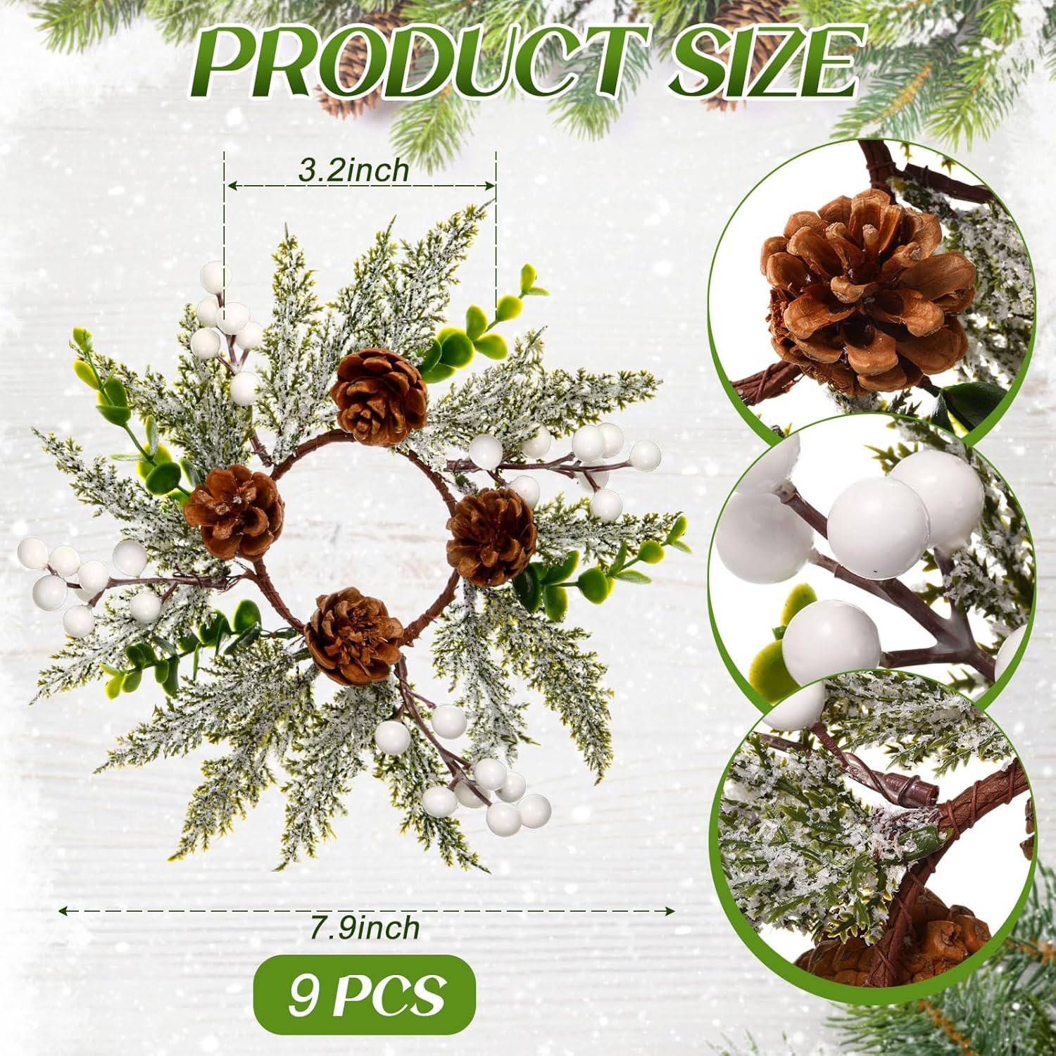 9 Pcs Christmas Candle Rings Wreath Artificial Red Berries and Pine Cones Candle Wreaths Snowy Pine Garland Candle Ring Holder for Christmas Wedding Festive Home Table Decoration - Image 3