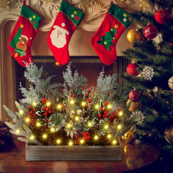 Christmas Centerpiece Winter Arrangement Artificial Snowy Christmas Picks Assorted Branches Holly Red Berry Pine Cone Picks in Rectangle Wooden Box for Farmhouse Rustic Table Decoration - Image 5