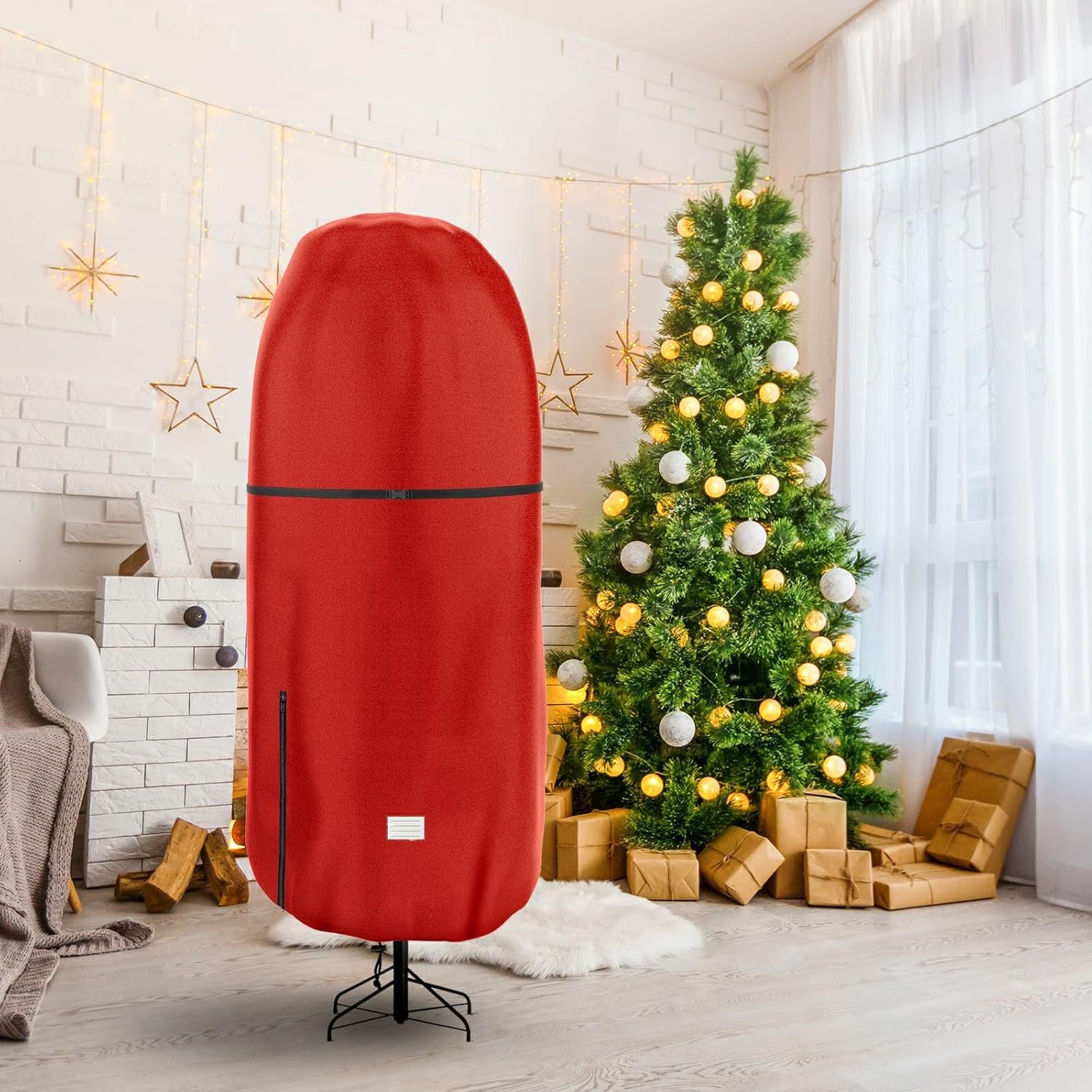 Upright Christmas Tree Storage Cover,Tear Resistant Adjustable 7.5 FT Xmas Tree Storage Bag for Artificial Tree Standing with Ornaments,Fabrics Christmas Tree Cover, Dustproof (Red) - Image 6