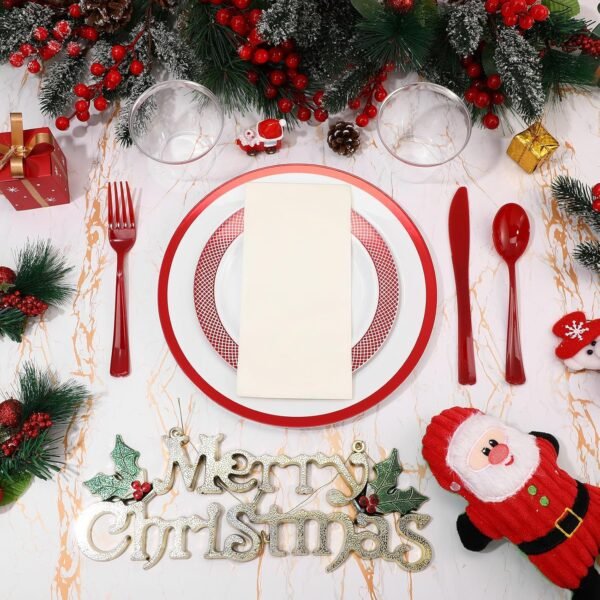 Yaomiao 350 Pcs Christmas Disposable Plates with Trim Set for Xmas Party Plastic Dinnerware 90z Cup Knives Fork Spoon Napkins Christmas Tableware for 50 Guests Gathering Wedding Holiday (Red) - Image 4