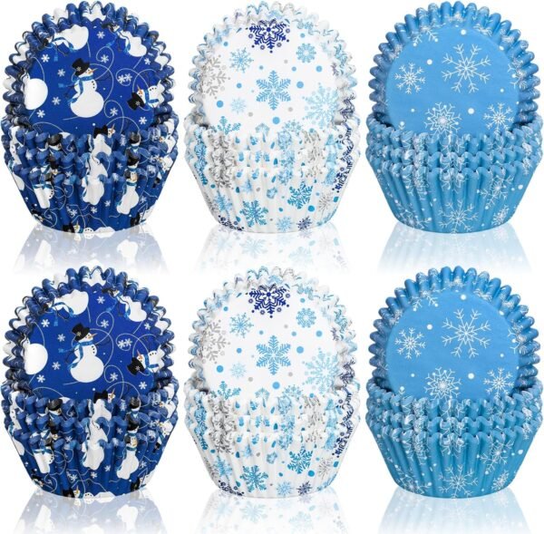 Whaline 600Pcs Christmas Winter Cupcake Liners Snowmen Snowflake Blue White Cupcake Wrappers Baking Cups Holders Xmas Holiday Muffin Liners for Party Supplies Decor - Image 2