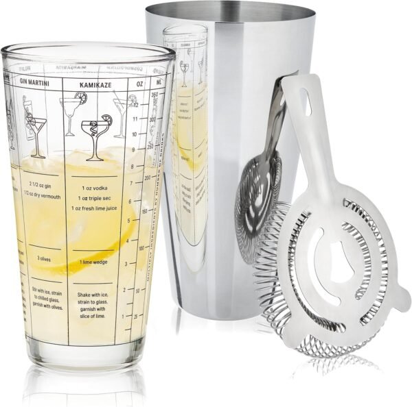 True 3-Piece Barware Set with 7 Cocktail Recipes and Measurements Printed on Mixing, Includes Shaker Tin and Hawthorne Strainer, Glass and Stainless Steel, Assorted - Image 2