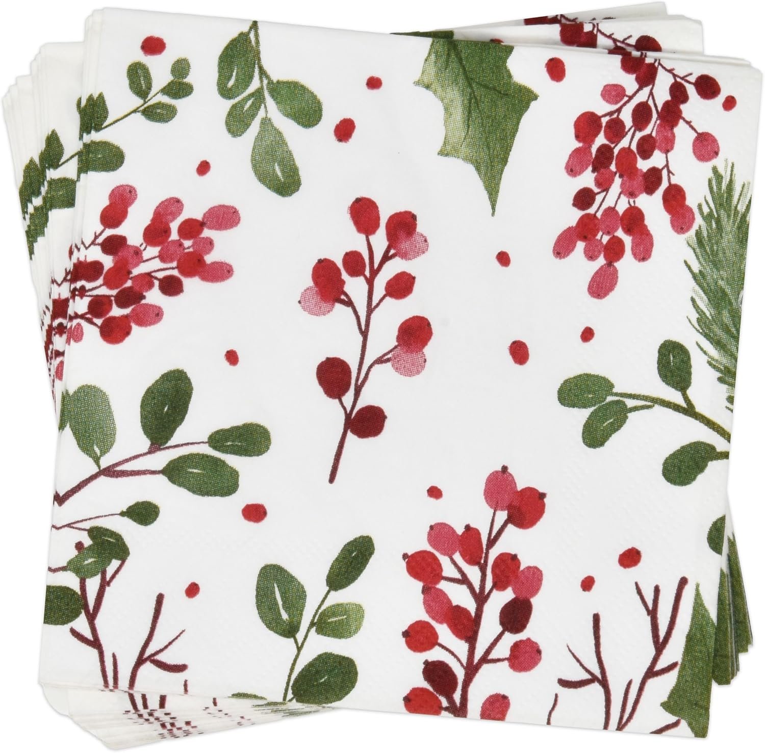 100 Christmas Berries and Greenery Cocktail Beverage Napkins Disposable Paper Xmas Holly Berry Pine Dessert Napkin for Winter Holiday Home Kitchen Wedding Party Supplies Tableware Decorations - Image 6