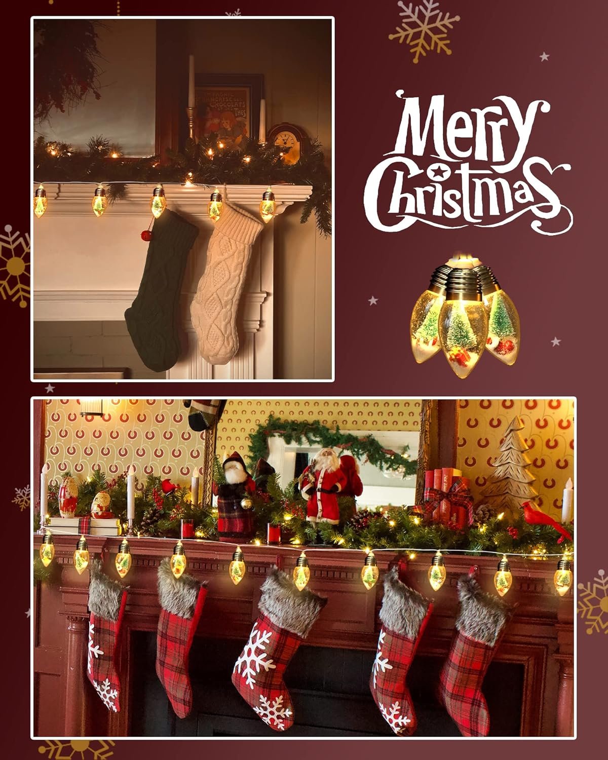 6.6ft Christmas Tree Snow Globe String Lights for Indoor Bedroom Decorations - 10 LED Globe Bulbs String Light with Tree & Snow & Cute Ornaments for Home Patio Decor Fireplace Xmas Tree Decoration - Image 3