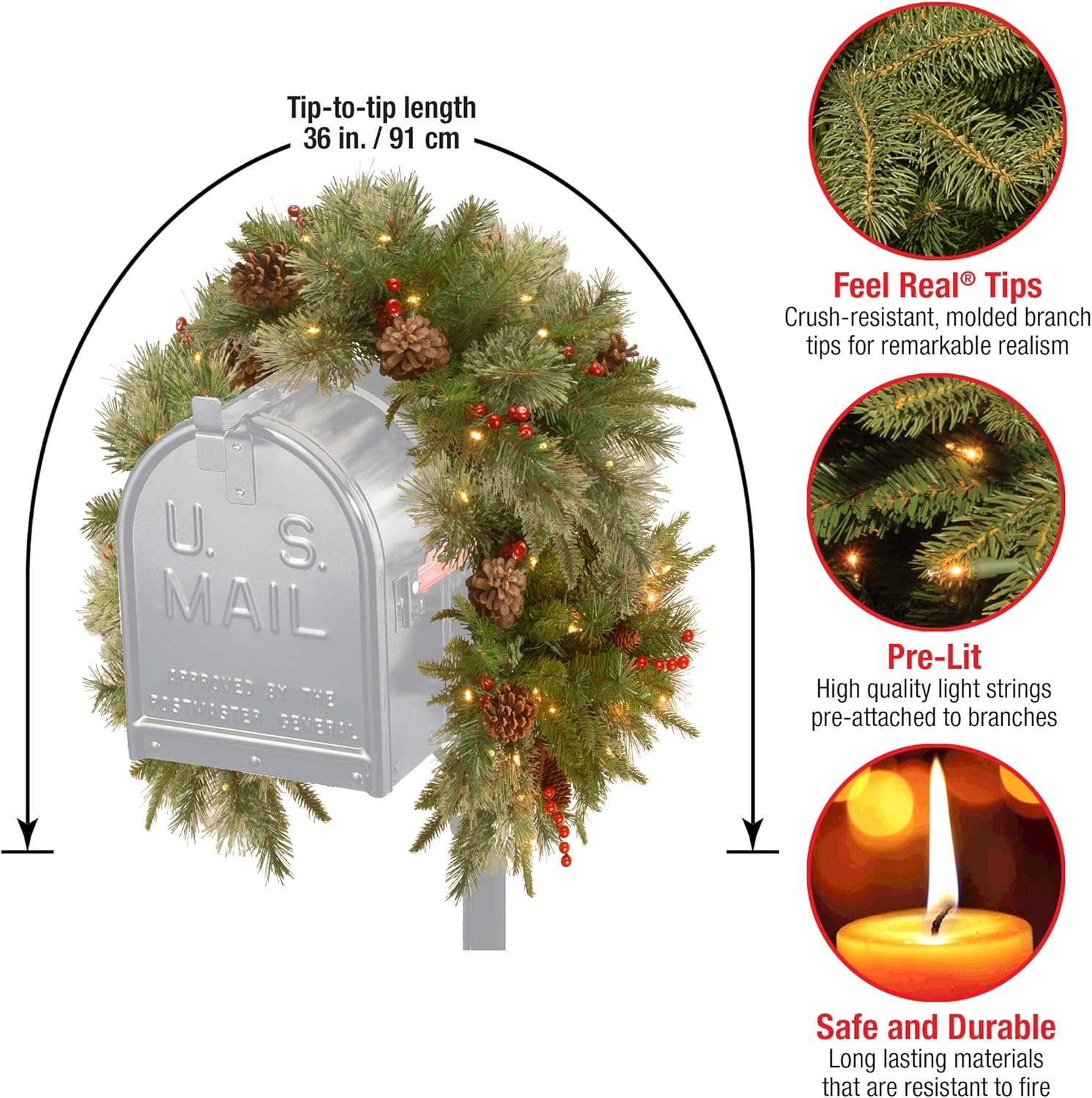 National Tree Company Pre-lit Artificial Christmas Mail Box Swag Flocked with Mixed Decorations and White LED Lights Colonial-36 Inch - Image 4