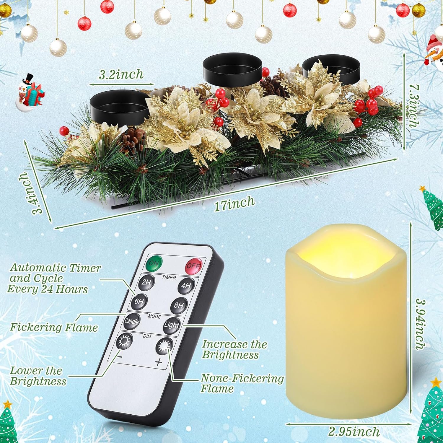 17 Inch Artificial Christmas Centerpiece Candle Holder with 3 Ivory White Flickering Flameless Candles with Remote Control and Timer Christmas Table Centerpiece for Party (Gold) - Image 4