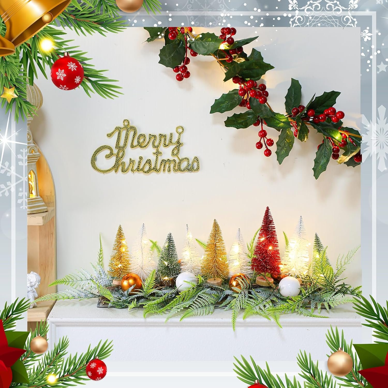 LED Lighted Christmas Table Centerpiece with Bottle Brush Trees Christmas Tree Decoration with Artificial Pine and Balls Xmas Tabletop Centerpieces for Holiday Party Fireplace Home - Image 5
