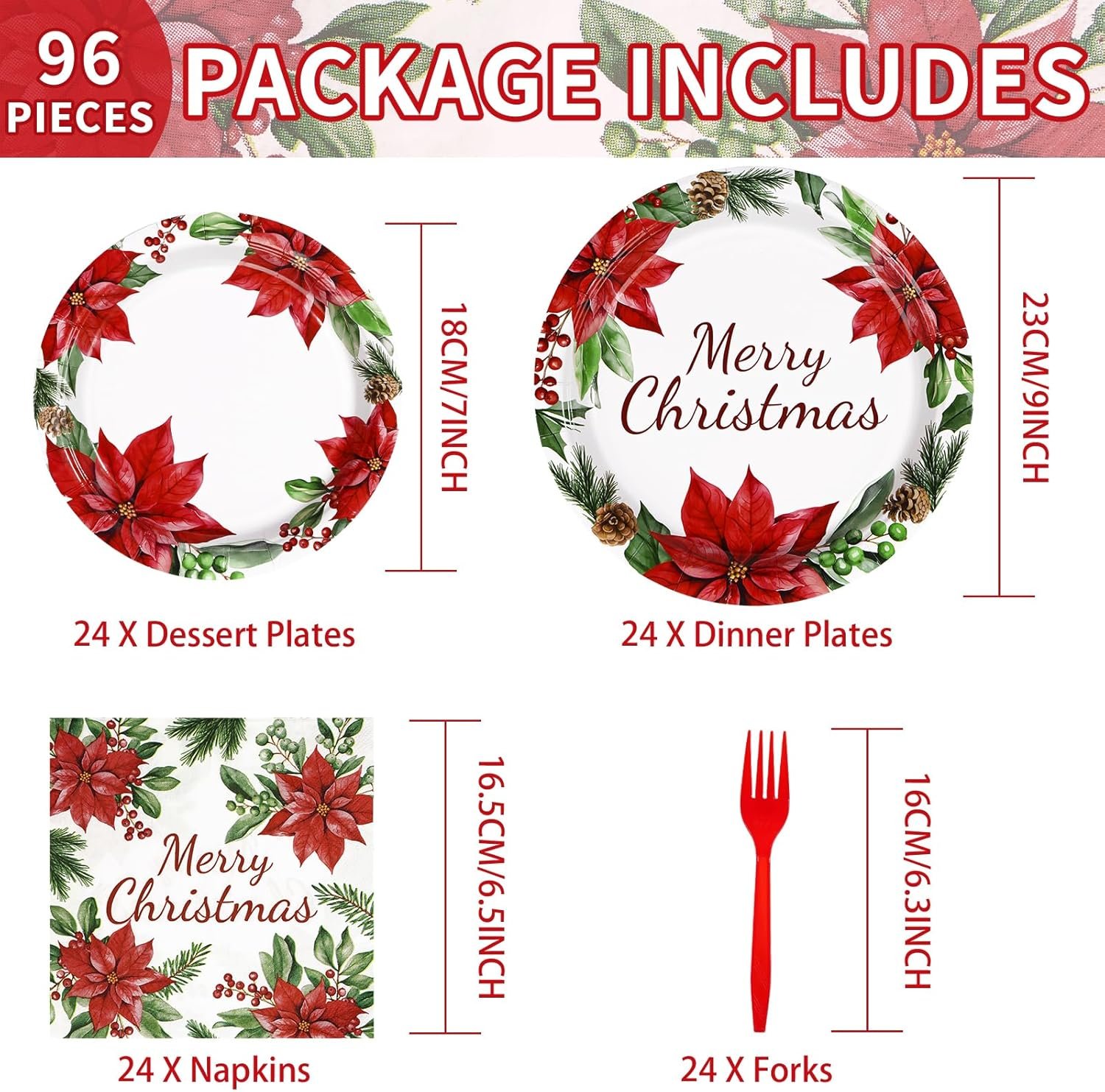96Pcs Christmas Paper Plates and Napkins Set Poinsettia Flower Christmas Plates Disposable 350GSM Merry Christmas Party Tableware Set for Christmas Wedding Party Holiday Xmas Decorations, Serves 24 - Image 3