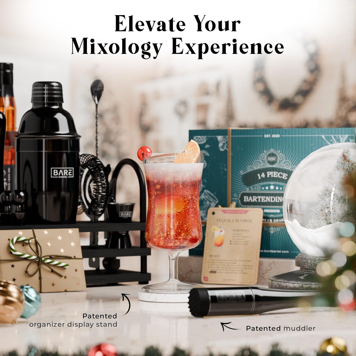 BARE BARREL® Mixology Bartender Kit Bar Set | 14-Piece Cocktail Shaker Set | Martini Barware Mixing Tools for Home Bartending | 35 Recipe Cards | Gift Set (24oz Cobbler Shaker, Jet Black/Black) - Image 9