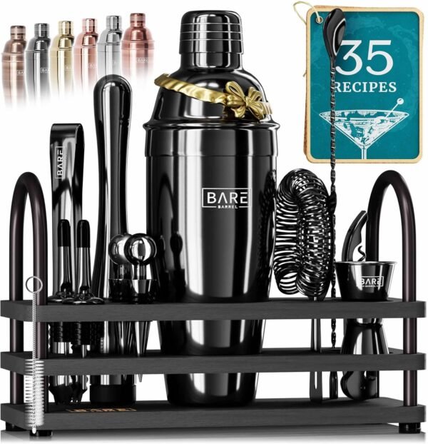 BARE BARREL® Mixology Bartender Kit Bar Set | 14-Piece Cocktail Shaker Set | Martini Barware Mixing Tools for Home Bartending | 35 Recipe Cards | Gift Set (24oz Cobbler Shaker, Jet Black/Black) - Image 2