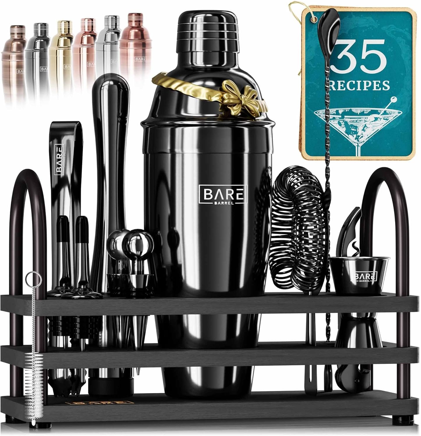 BARE BARREL® Mixology Bartender Kit Bar Set | 14-Piece Cocktail Shaker Set | Martini Barware Mixing Tools for Home Bartending | 35 Recipe Cards | Gift Set (24oz Cobbler Shaker, Jet Black/Black) - Image 2