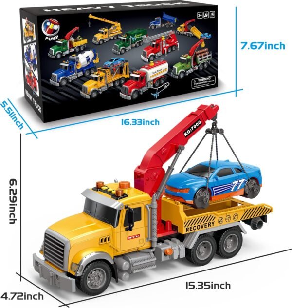 Dwi Dowellin Kids Toys for 3 4 5 6 7 Years Old Boys, 15" Large Tow Truck Toy,Friction Powered Transport Truck Crane Toy with Lights and Sounds,with Roadster,Toddlers Gifts - Image 8
