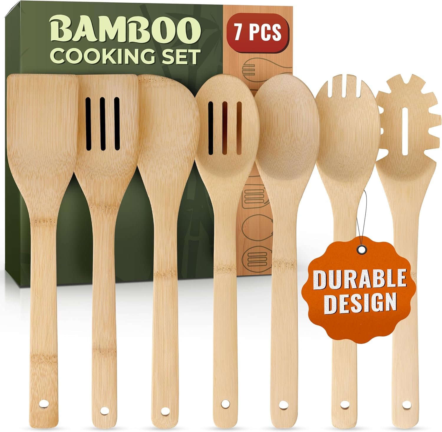 Wooden Utensil Set, Bamboo Wooden Cooking Utensils, Kitchen Gift Ideas – 7 PCs Easy to Clean Wooden Kitchen Utensil Set, Sturdy, Lightweight & Heat Resistant - Image 2