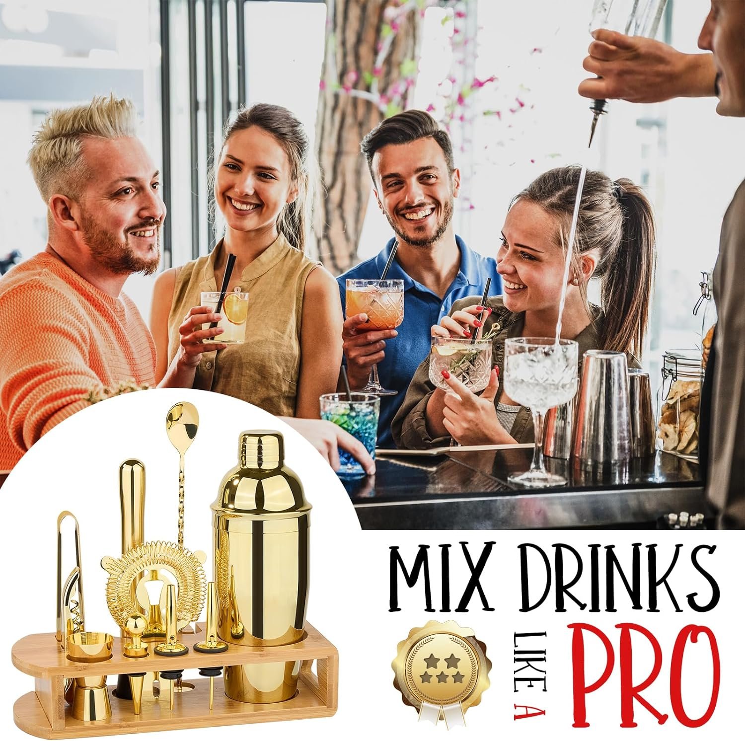 Cocktail Shaker Set Bartender Kit : 12-Piece Bar Tool Set with Bamboo Stand | Bar Set with All Practical Bar Accessories, for Drink Mixing, Bar, Home, Lounge & Party (Gold) - Image 6