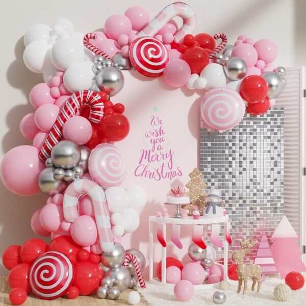 140Pcs Christmas Balloon Garland Arch Kit - Red Pink Candy Cane Balloons Sweet Lollipop Foil Balloon for Christmas New Year Birthday Xmas Holiday Party Decorations - Image 2