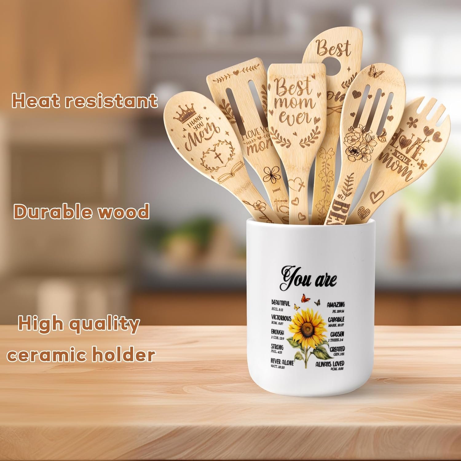 CJiangpo Mom Cooking Utensils Set - Sunflower Ceramic Utensil Holder with 6 Wooden Spoons Spatulas Set, Sunflower Kitchen Decor Cooking Tools Kitchen Gifts for Mom, Christmas Christian Gifts for Women - Image 8