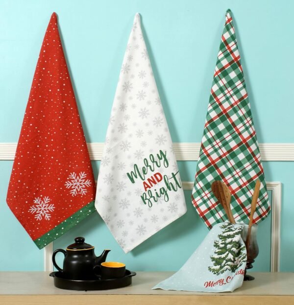 ACCENTHOME Christmas Kitchen Towels Set of 4 - Absorbent Cotton Dish Towel | Merry Christmas Printed Kitchen Linen Bar Towel | Durable Tea Towel For Table Mess & Drying Dishes - Hand Towels 20x28 inch - Image 3