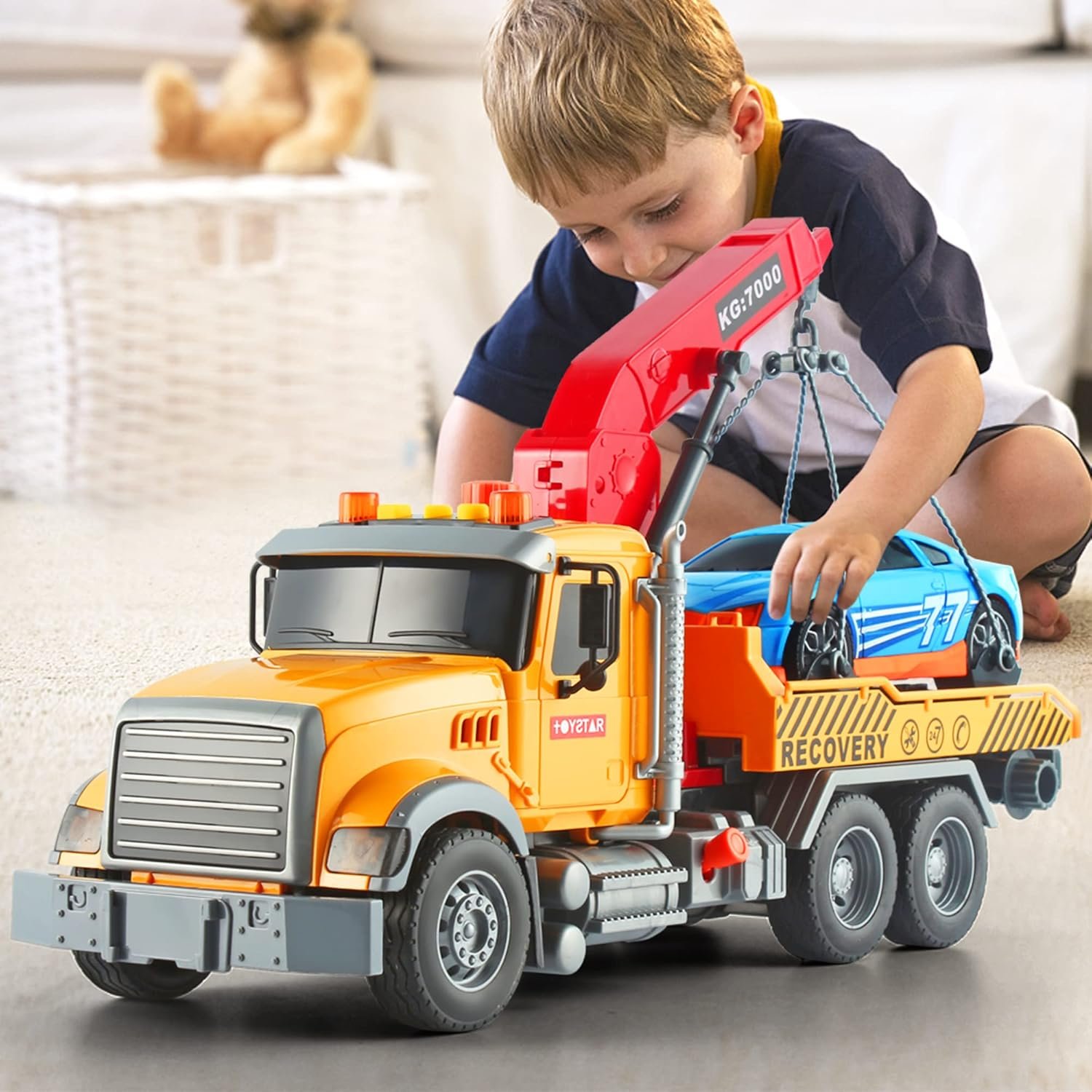 Dwi Dowellin Kids Toys for 3 4 5 6 7 Years Old Boys, 15" Large Tow Truck Toy,Friction Powered Transport Truck Crane Toy with Lights and Sounds,with Roadster,Toddlers Gifts - Image 2