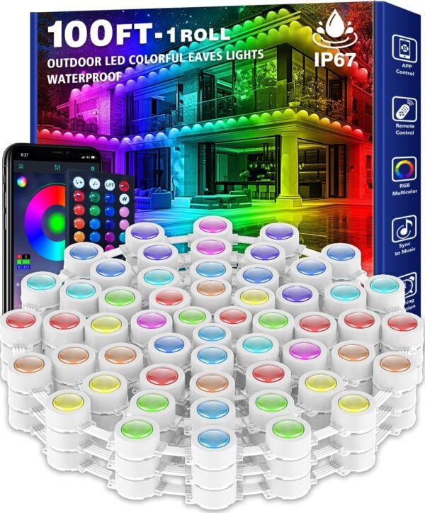 100FT Permanent Outdoor RGB Lights,IP67 Waterproof Smart LED Eaves Lights with App/Remote Control,for Christmas and All Holiday Decor,Daily and Accent Lighting,House Roof and Garden Lighting - Image 2