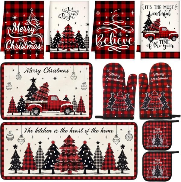 10 Pcs Christmas Winter Oven Mitts Pot Holders Kitchen Rug and Towel Set Wonderland Absorbent Kitchen Towels for Baking Cooking BBQ Gifts Kitchen Decor - Image 2