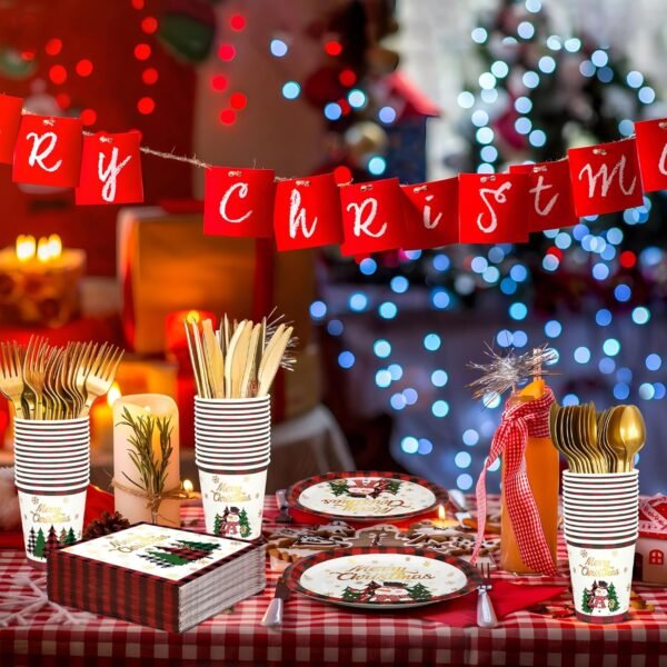 Christmas Paper Plates Napkins Cups Disposable Merry Christmas Party Tableware Supplies Buffalo Plaid Christmas Tree Snowman Paper Dinnerware Set for Holiday Xmas Party Supplies, Serve 25 - Image 6
