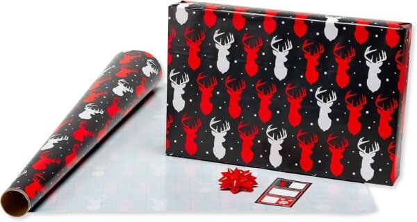 American Greetings 120 sq. ft. Red and Black Christmas Wrapping Paper Set with Cut Lines (4 rolls 30 in. x 12 ft., 7 Bows, 30 Gift Tags), Christmas Text, Plaid, Reindeer and Snowflakes - Image 6