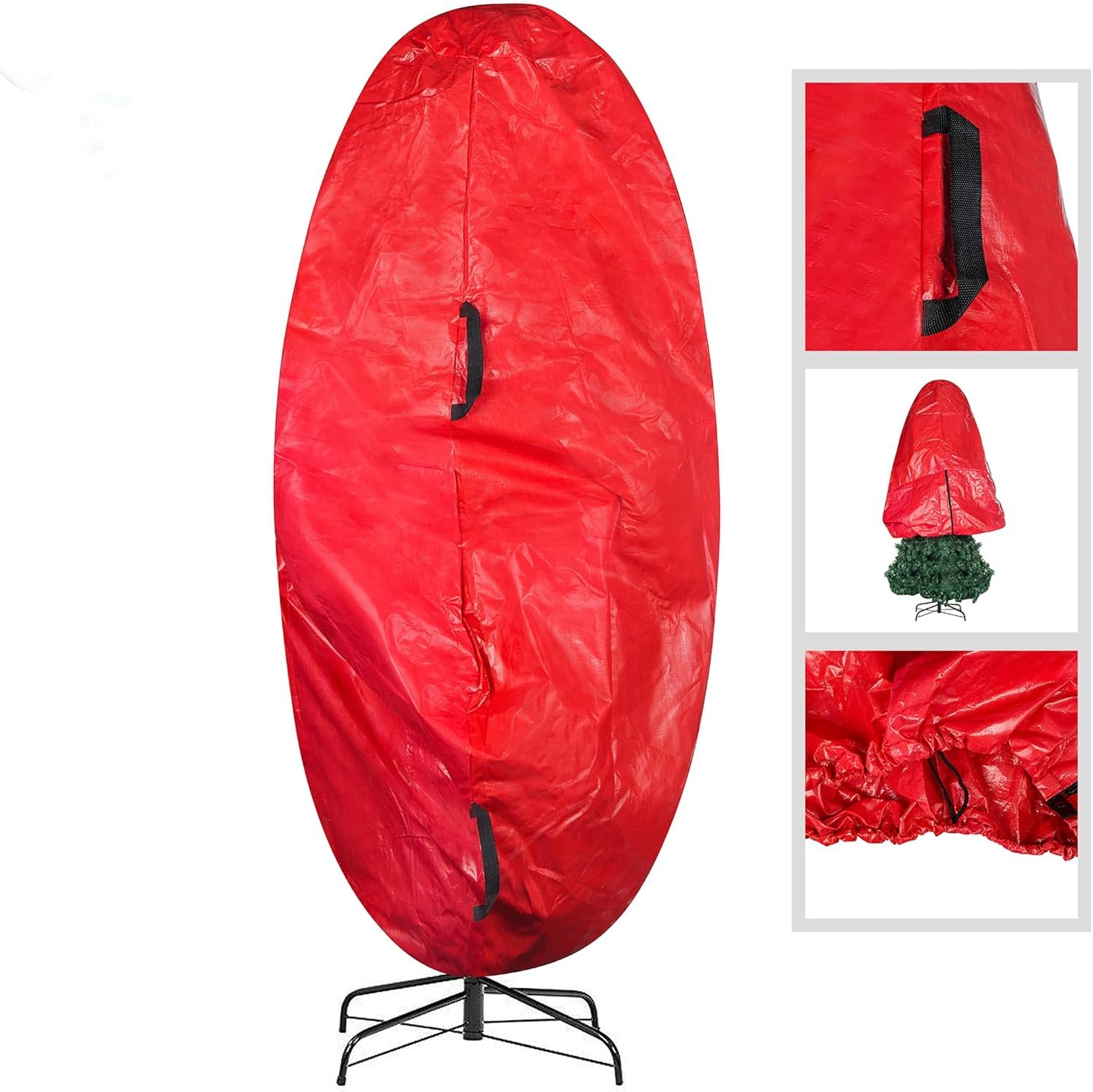 Upright Christmas Tree Bag - Zippered Cover with Handles and Cinch Cord for Assembled Artificial Trees Up to 7.5-Feet by Elf Stor (Red) - Image 4