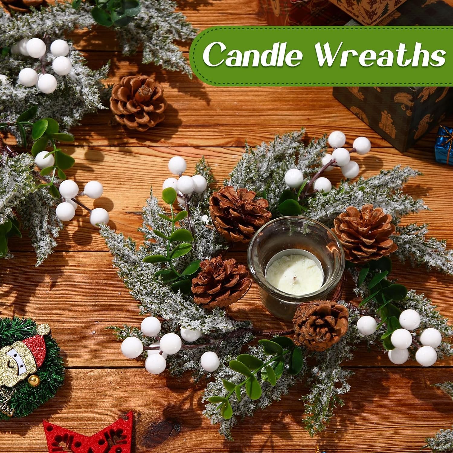 9 Pcs Christmas Candle Rings Wreath Artificial Red Berries and Pine Cones Candle Wreaths Snowy Pine Garland Candle Ring Holder for Christmas Wedding Festive Home Table Decoration - Image 6