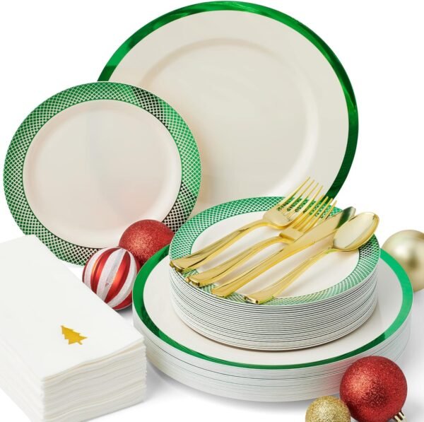 By Madee HEAVYWEIGHT 175 Pc Disposable Christmas Plates and Napkins Set | Ivory Plates Green Trim | Christmas Plates, Holiday Napkins, Silverware | Christmas Disposable Dinnerware (25 Guests) - Image 2