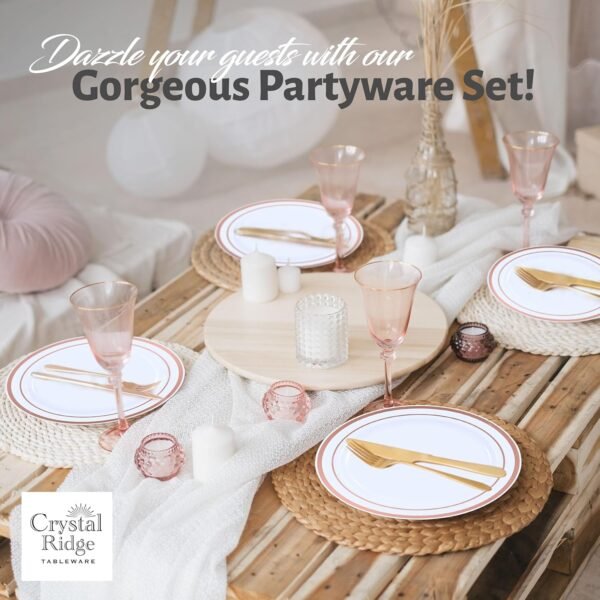 60-Piece Plastic Plates Set Premium 30 Dinner Plates & 30 Salad Plates Pack, Disposable Plates for Party - White Plastic Wedding Plates with Rose Gold Rim - Image 6
