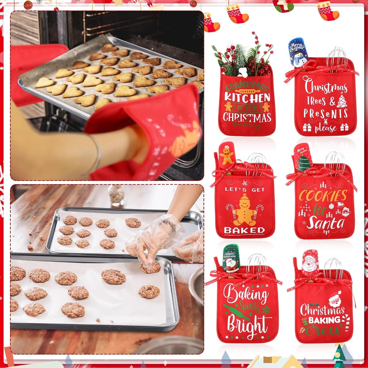 24 Pcs Christmas Pot Holders Baking Gift Set Christmas Silicone Spatulas Mini Baking Sheet Stainless Steel Whisk Christmas Bake Kit Pocket Potholders for Christmas Kitchen Gifts(Retro) - Image 5