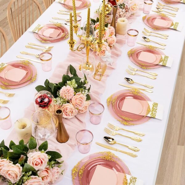 Hioasis 175pcs Clear Burgundy Plastic Plates,Burgundy Red Disposable Plates include 25 Dinner Plates 25 Dessert Plates 25Knives 25Forks 25Spoons 25Cups 25Napkins Perfect for Wedding&Parties - Image 6