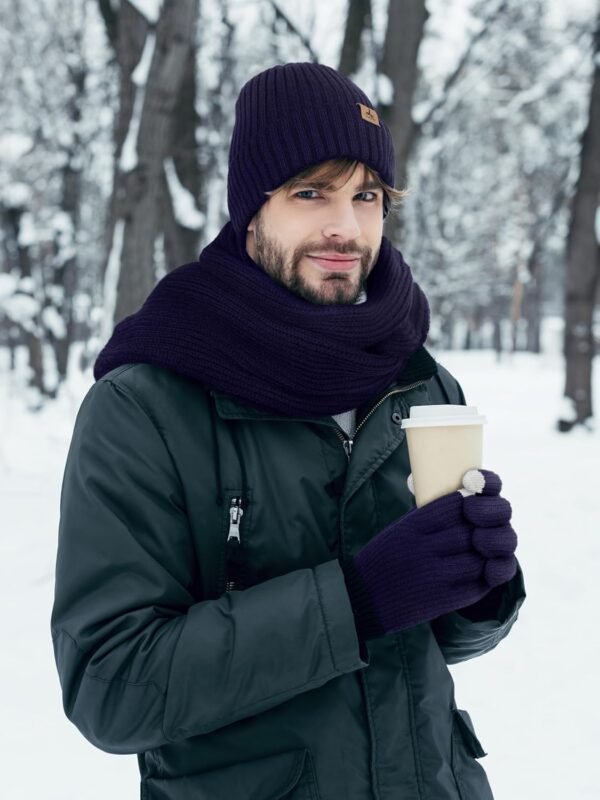 3 PCS Winter Hat Scarf Gloves Set, Soft Warm Knit Beanie Hat Touchscreen Gloves Long Knitted Scarf Set Winter Gifts for Men - Image 6