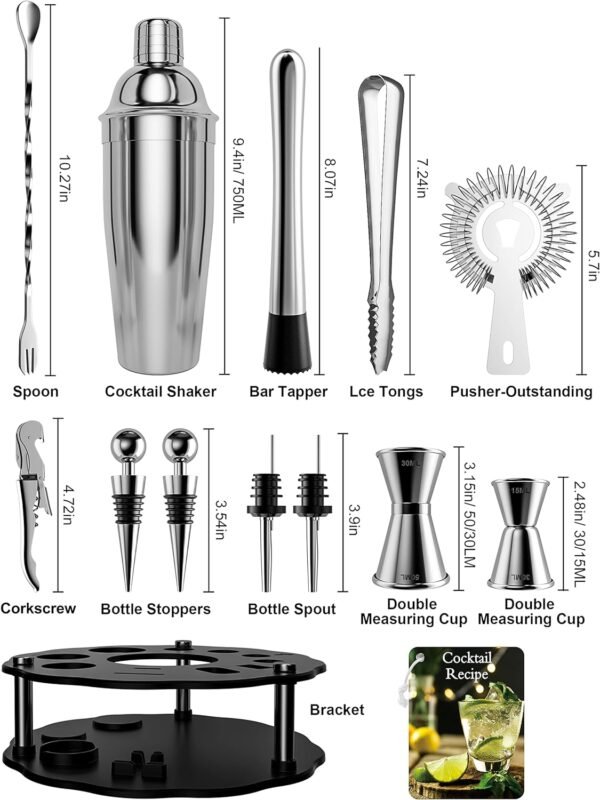 Bartender Kit, 14 Piece Cocktail Shaker Set Stainless Steel Bar Tools with Rotating Stand, 25 oz Shaker Tins, Jigger, Spoon, Pourers, Muddler, Strainer, Tongs, Bottle Stoppers, Opener, Recipes - Image 3
