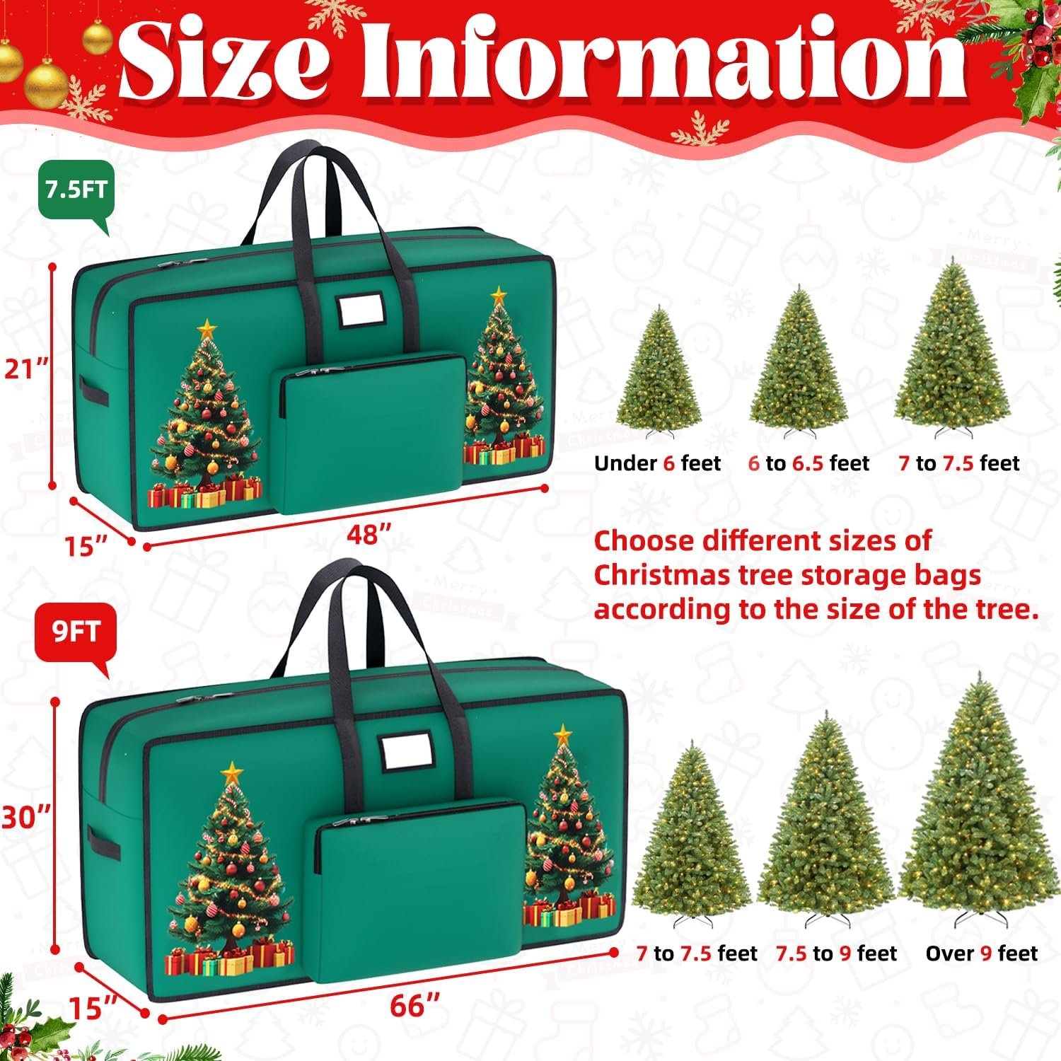 9FT Christmas Tree Storage Bag Heavy Duty 600D Oxford Fabric Extra Large Tree Storage Container with Reinforced Handles and Dual Zippers Green Xmas Tree Storage Bag for Christmas Tree Storage - Image 4