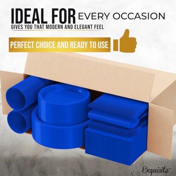 182 Pcs Plastic Dinnerware Set Includes 26 Of Each 9" Dark Blue Plastic Dinner Plates | 7" Plastic Dessert Plates | 12 oz Plastic Cups | Dark Blue Napkins | Plastic Spoons, Forks & Knives Exquisite - Image 4