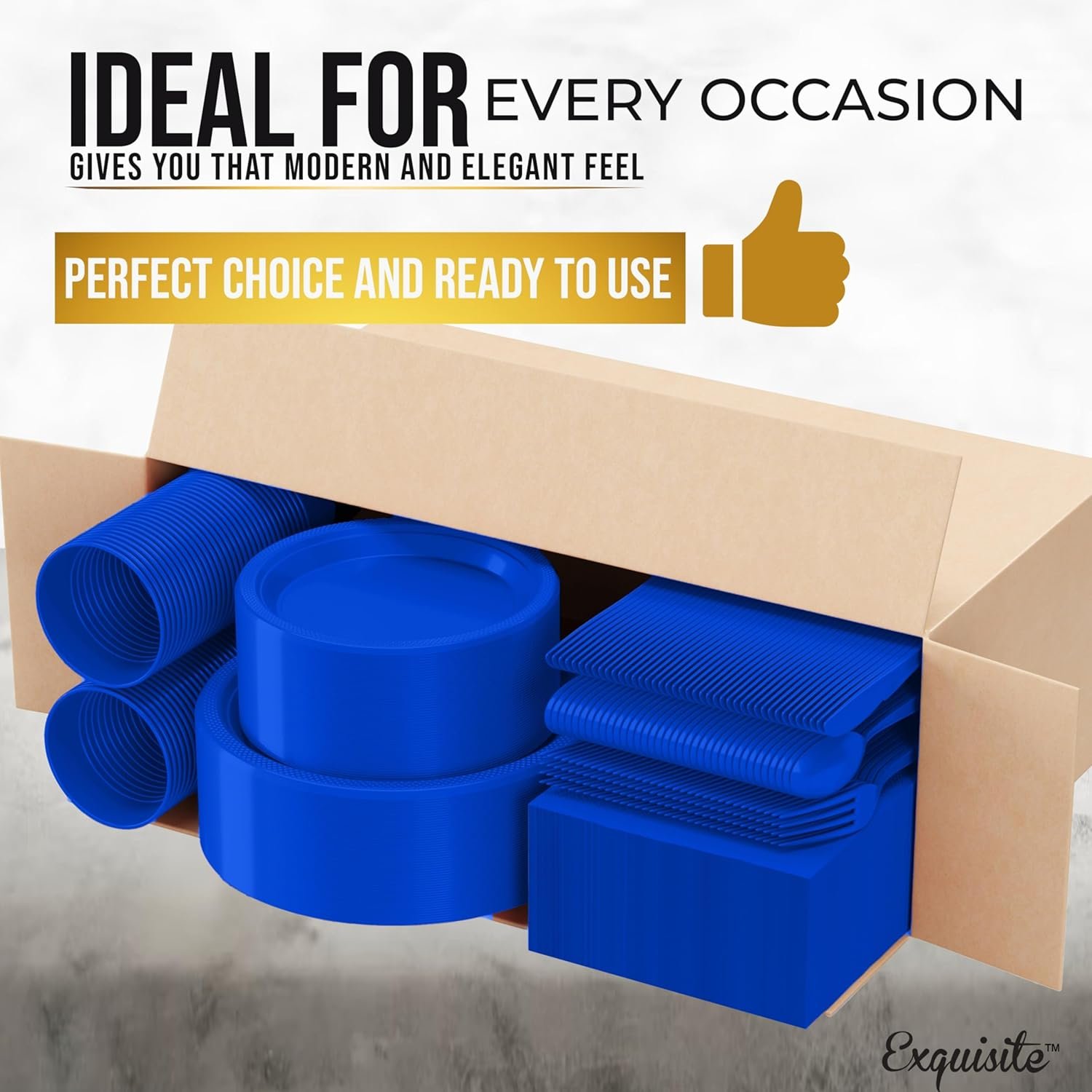 182 Pcs Plastic Dinnerware Set Includes 26 Of Each 9" Dark Blue Plastic Dinner Plates | 7" Plastic Dessert Plates | 12 oz Plastic Cups | Dark Blue Napkins | Plastic Spoons, Forks & Knives Exquisite - Image 4